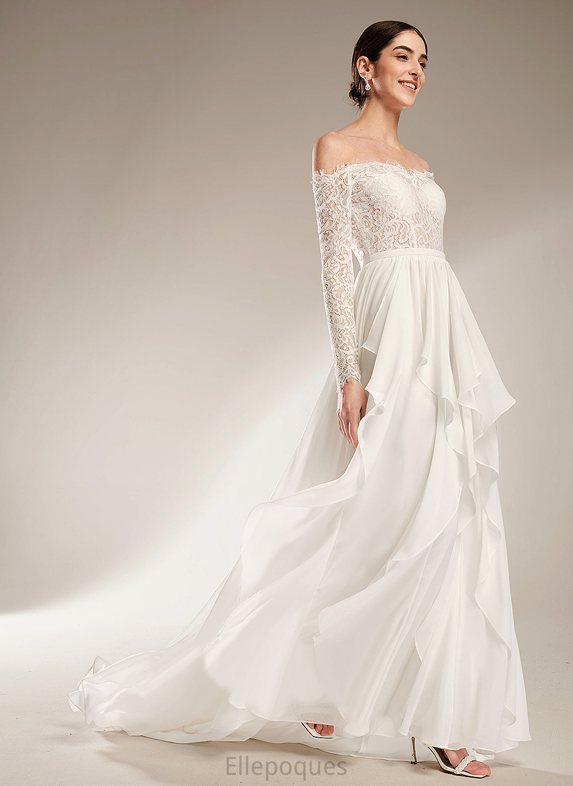 Ruffle Court Dress A-Line Chiffon Off-the-Shoulder Wedding Dresses Wedding Lace With Alissa Train