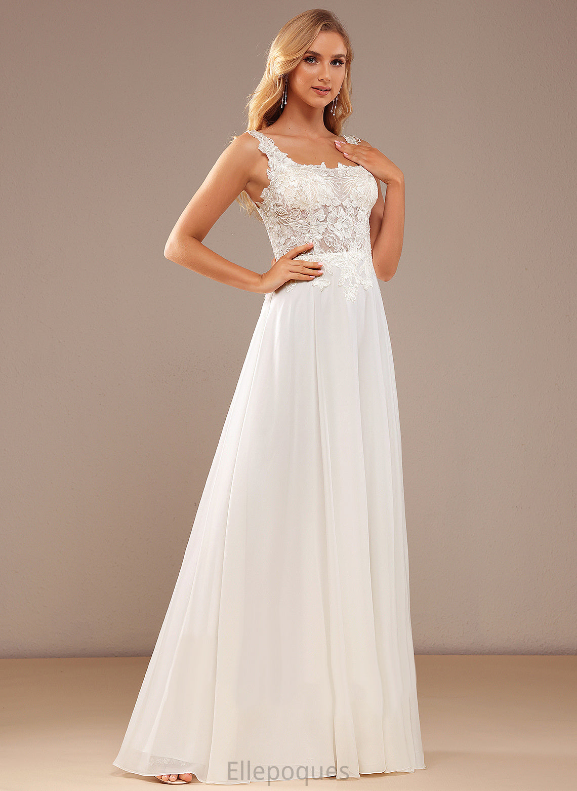 Chiffon Neckline Wedding Dresses A-Line Square Wedding Aubree Lace Floor-Length Dress Sequins With Lace