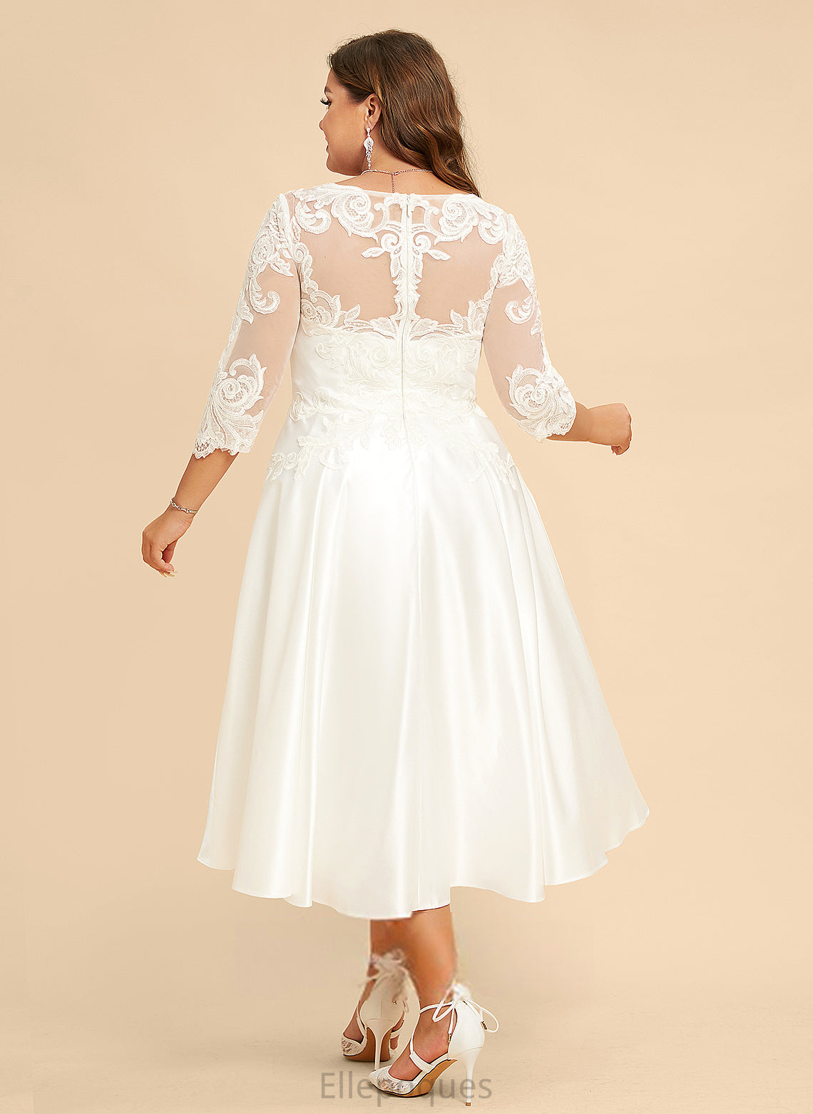 Wedding Tea-Length Magdalena A-Line Dress Illusion With Wedding Dresses Lace Satin