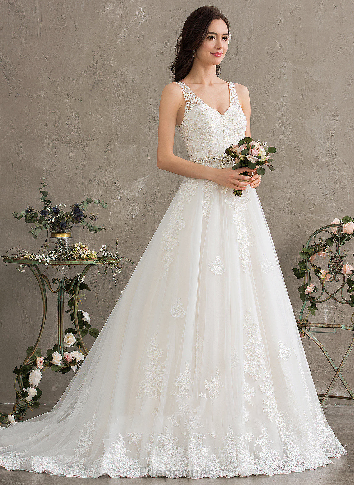 Court Ball-Gown/Princess Wedding Dresses Train Sequins V-neck Beading Dress Alexandra Tulle Wedding With