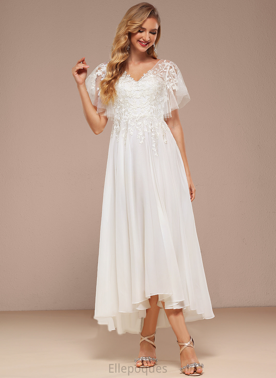 Asymmetrical Riya A-Line V-neck Wedding Wedding Dresses Tulle Dress Lace Ruffle With