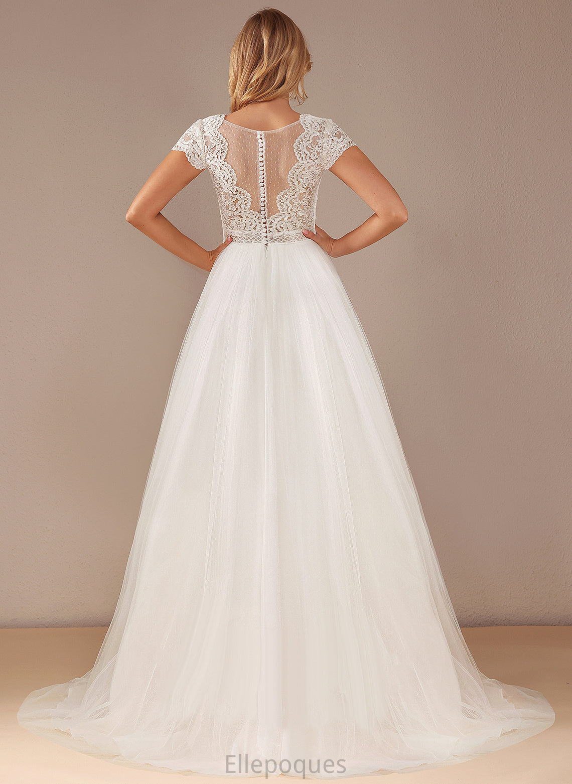 Tulle Lace Martha Court Wedding Dresses With Dress Train Ball-Gown/Princess Lace Wedding Sequins V-neck