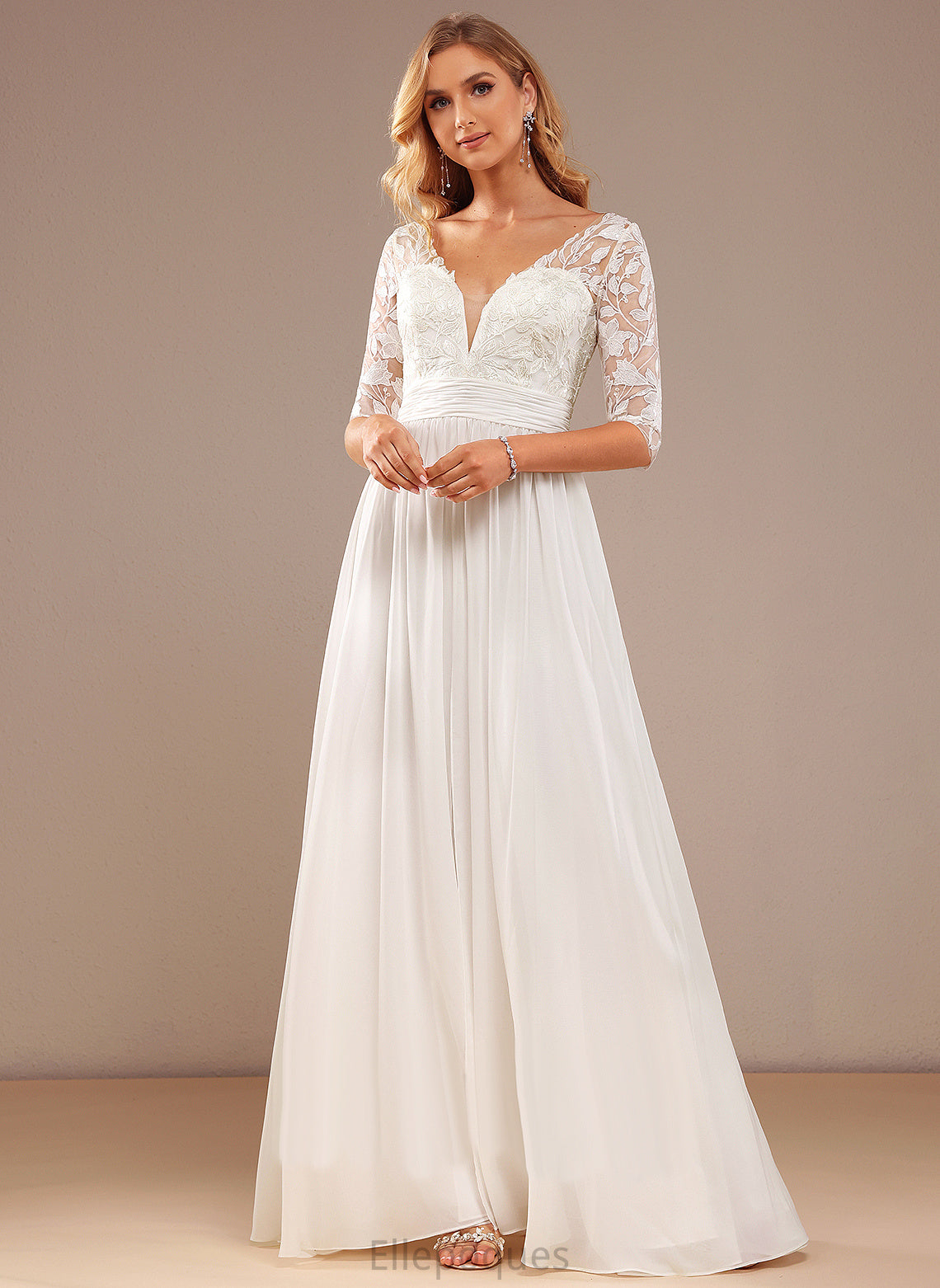 V-neck Wedding Lace Wedding Dresses Ruffle Floor-Length Norma With Dress A-Line Sequins Lace Chiffon