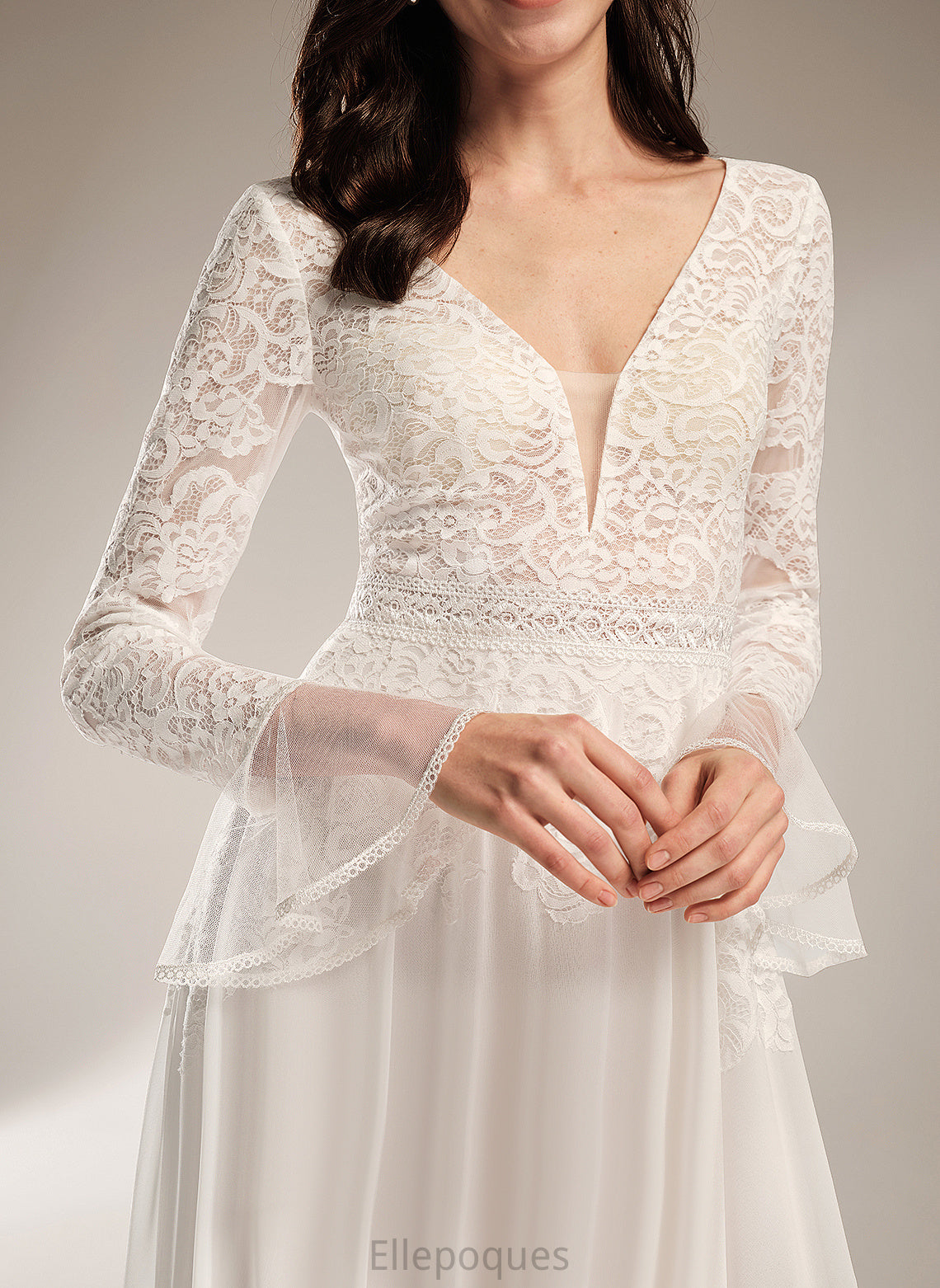 Mattie V-neck Ruffle With Train Dress A-Line Lace Wedding Wedding Dresses Chiffon Court