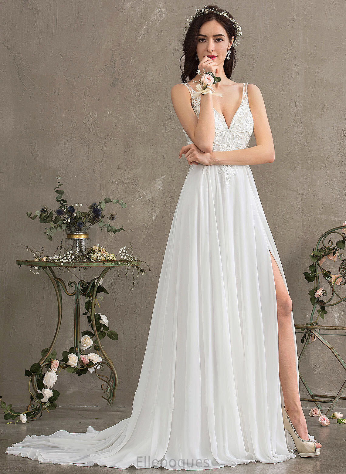 Front Wedding Dresses Chiffon Beading Sequins Aubree Split V-neck Dress With Sweep Wedding A-Line Train