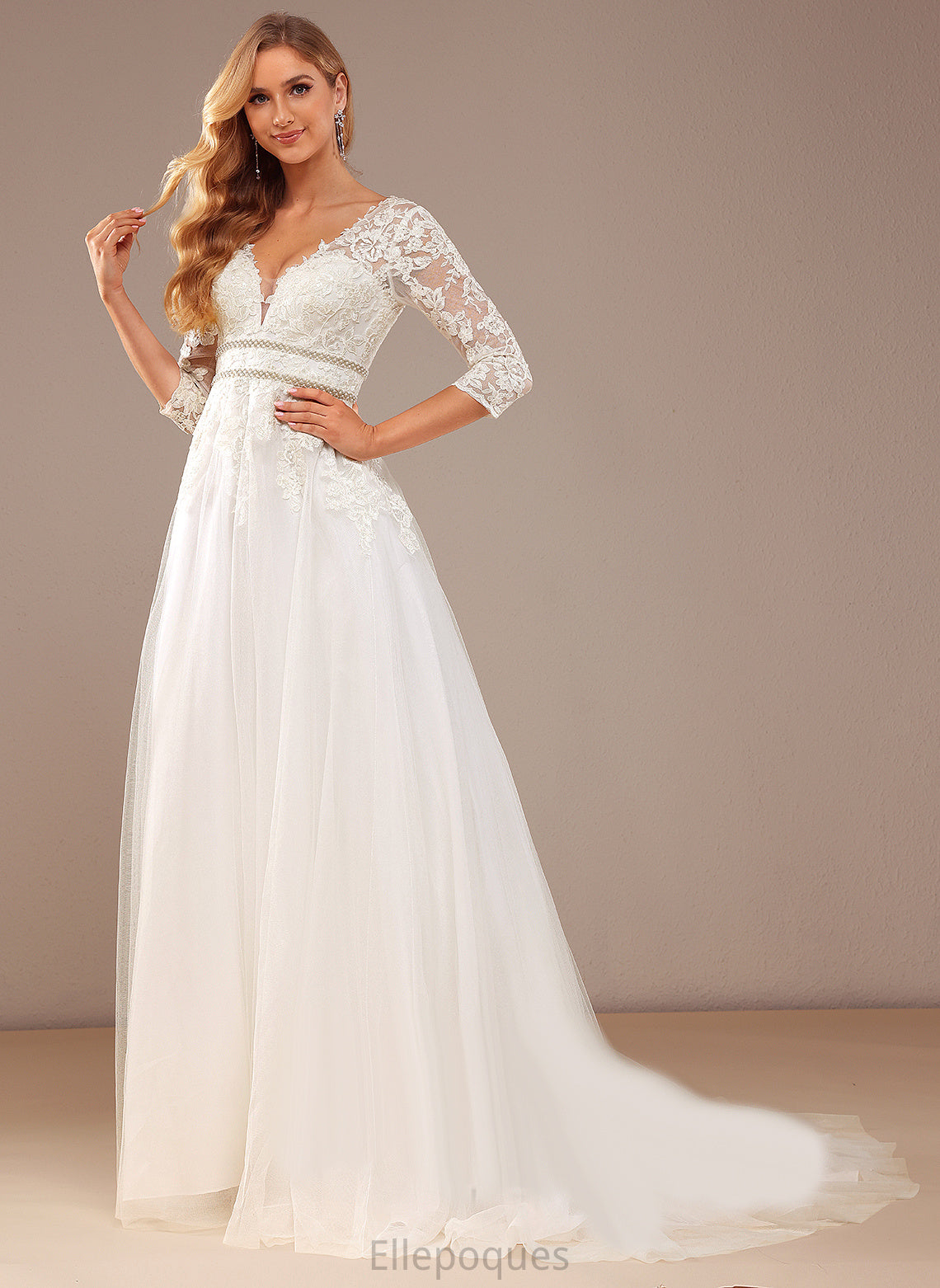 Train Dress With Tulle Zoey Wedding Beading Lace Lace V-neck Court Wedding Dresses Ball-Gown/Princess Sequins