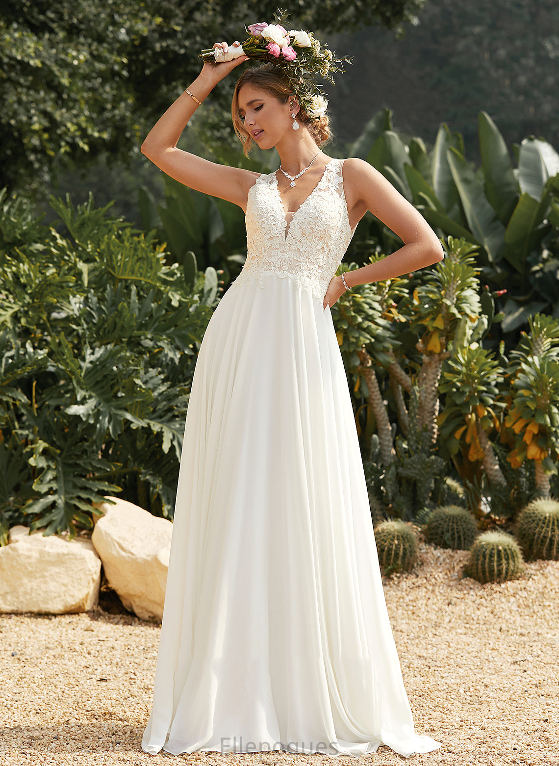 Lace Chiffon Wedding Dresses V-neck Dress Train With Sweep Noemi Lace Wedding A-Line