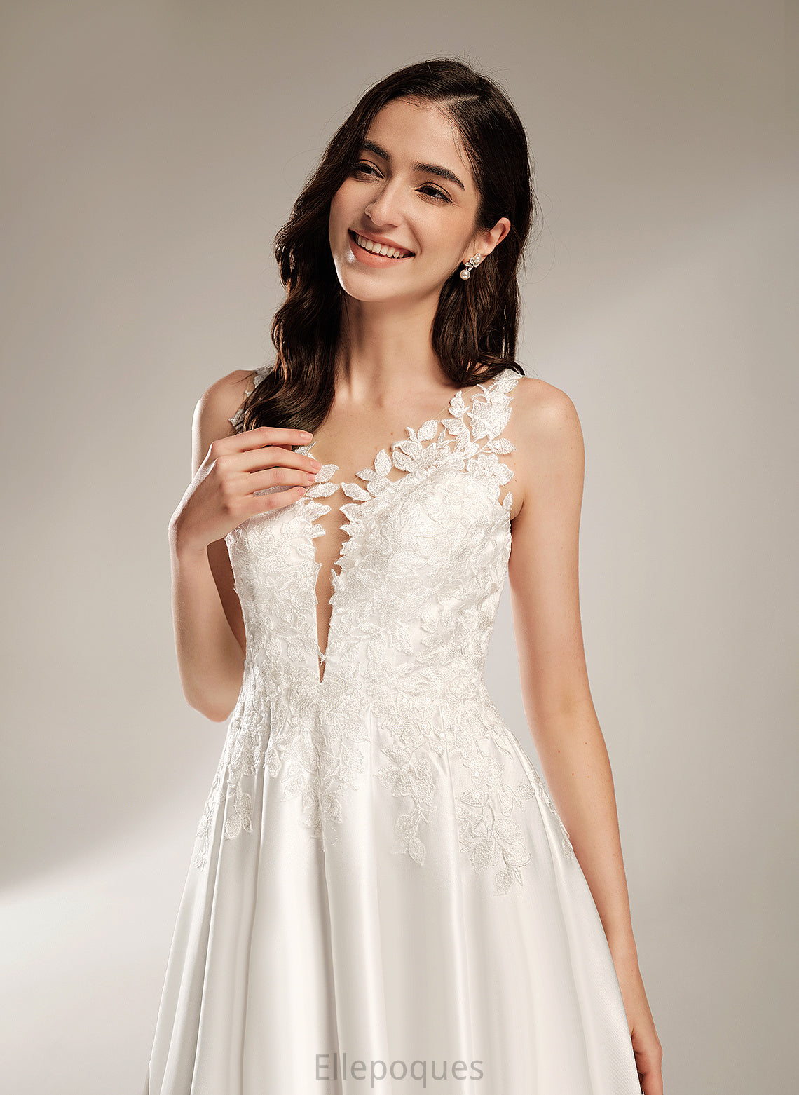 Tea-Length Dress Wedding Wedding Dresses V-neck Satin A-Line Alayna Lace