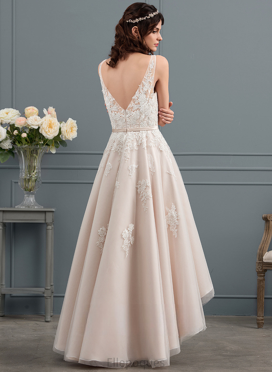 Dress A-Line Bow(s) With Lace Tulle Halle V-neck Wedding Asymmetrical Satin Wedding Dresses