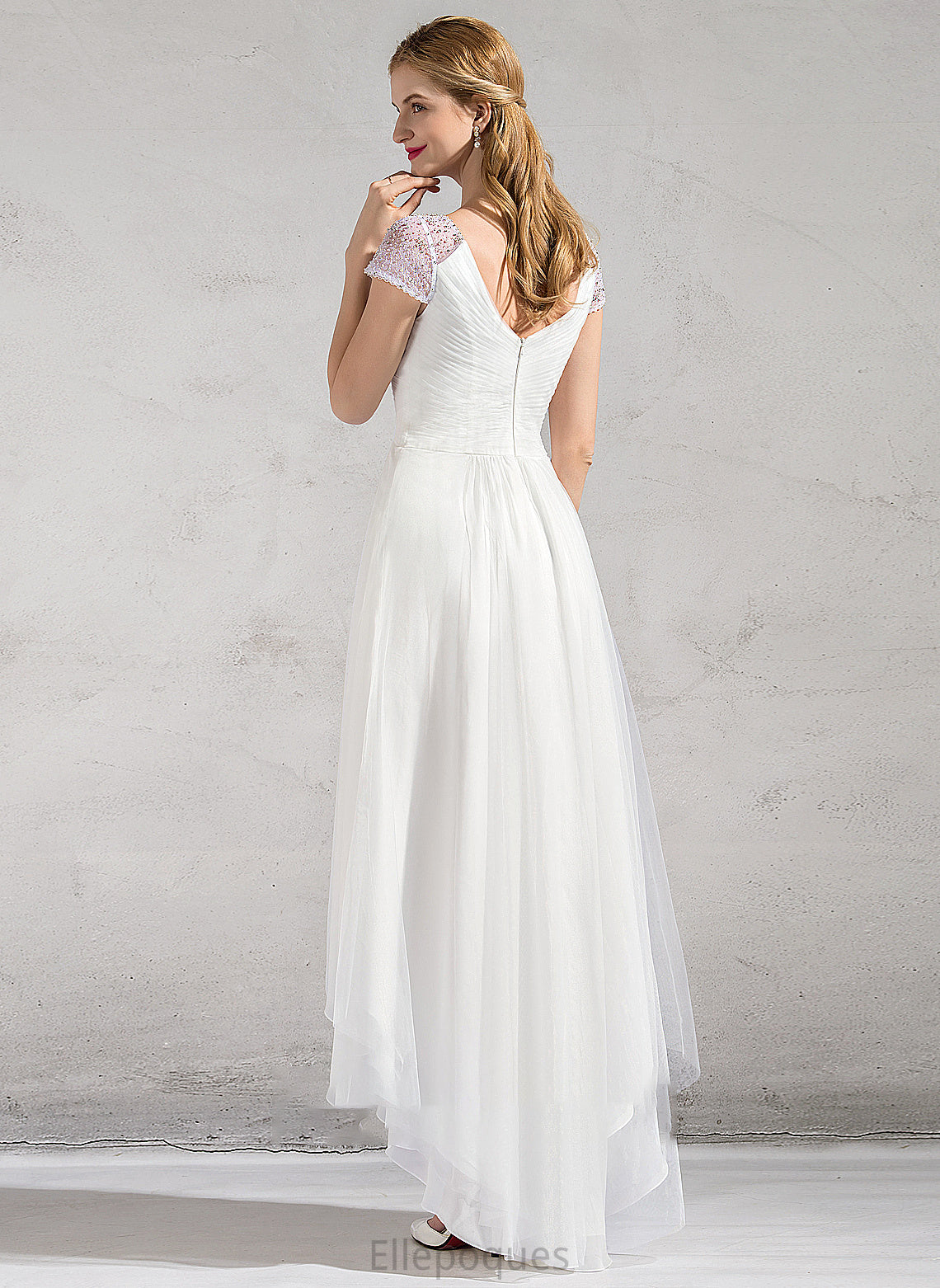 Samara Tulle Dress A-Line Wedding Dresses Ruffle Beading Sequins Wedding With V-neck Asymmetrical