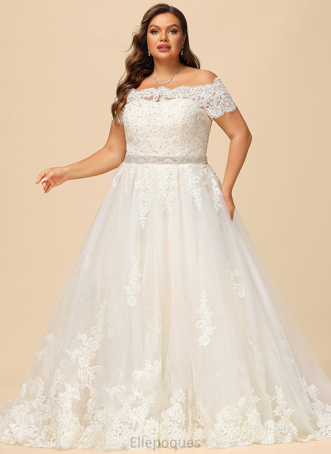 Beading Wedding Dress With Tori Ball-Gown/Princess Wedding Dresses Tulle Sequins Off-the-Shoulder Train Lace Court