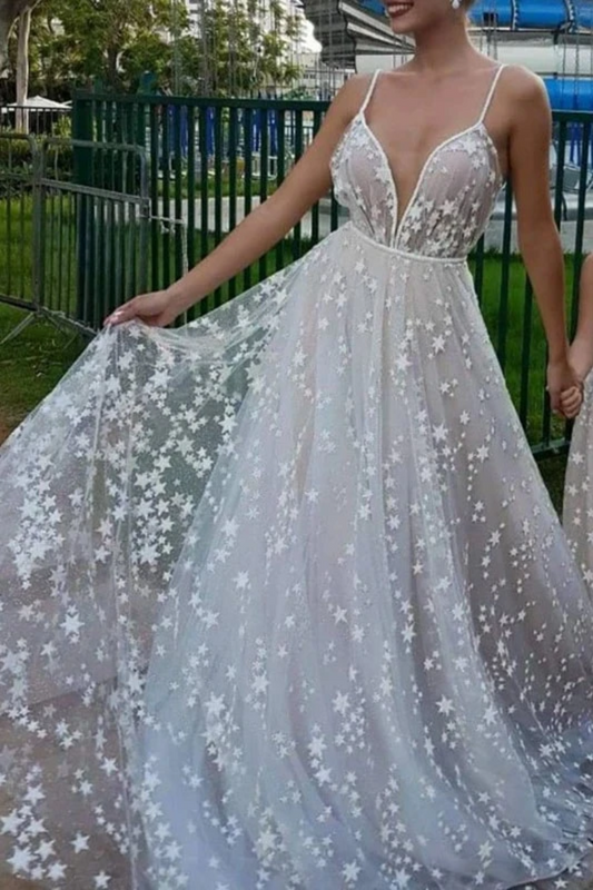 Spaghetti Straps V Neck Sparkly Wedding Dress With Stars, Floor Length Long Prom Dress