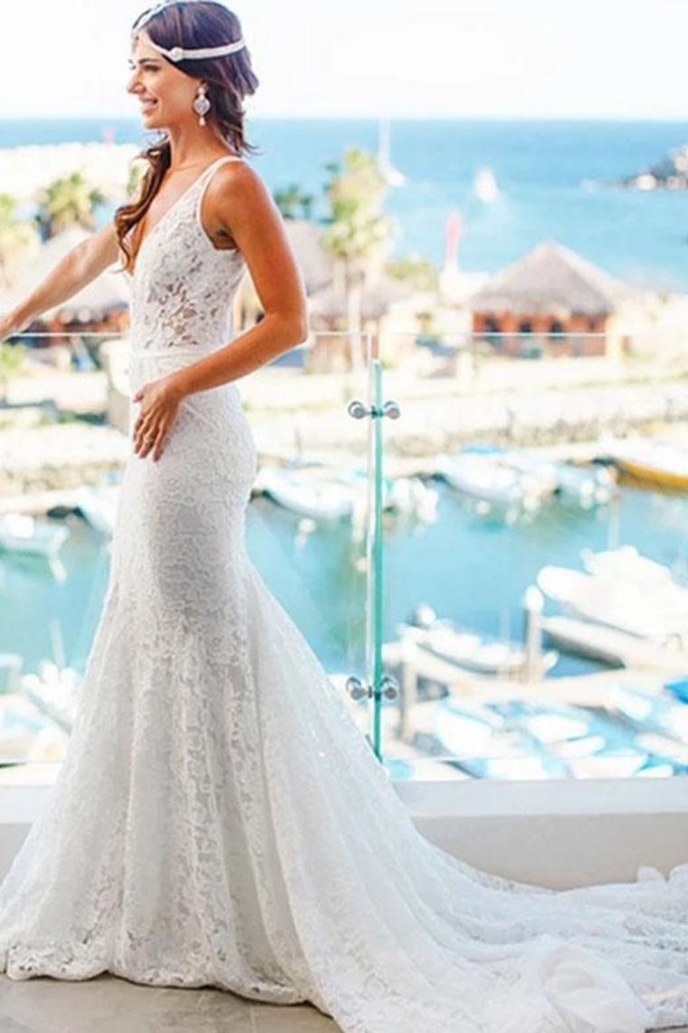 Romantic Deep V Neck Sleeveless Lace Wedding Dress, Mermaid Wedding Dresses With Train