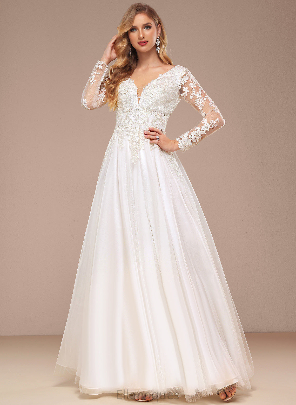 A-Line Dress Tulle Lace V-neck With Layla Sequins Floor-Length Wedding Dresses Beading Wedding