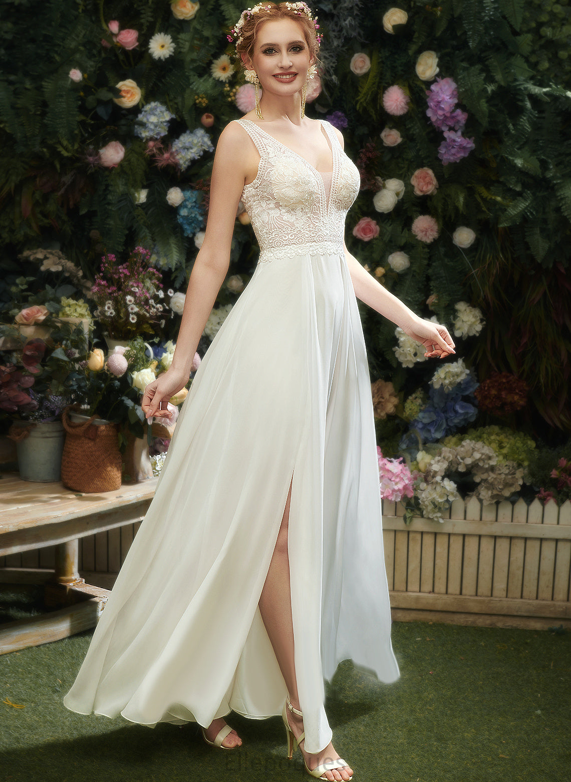 Wedding Dresses Chiffon With Lace Dress Front A-Line Sequins V-neck Maddison Wedding Split Floor-Length