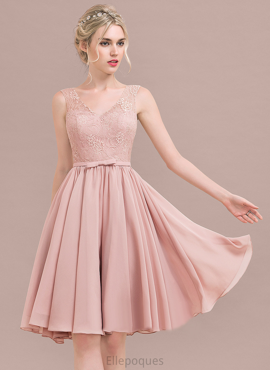 Lace A-Line Marisa Lace V-neck Homecoming Dresses With Dress Chiffon Bow(s) Homecoming Knee-Length