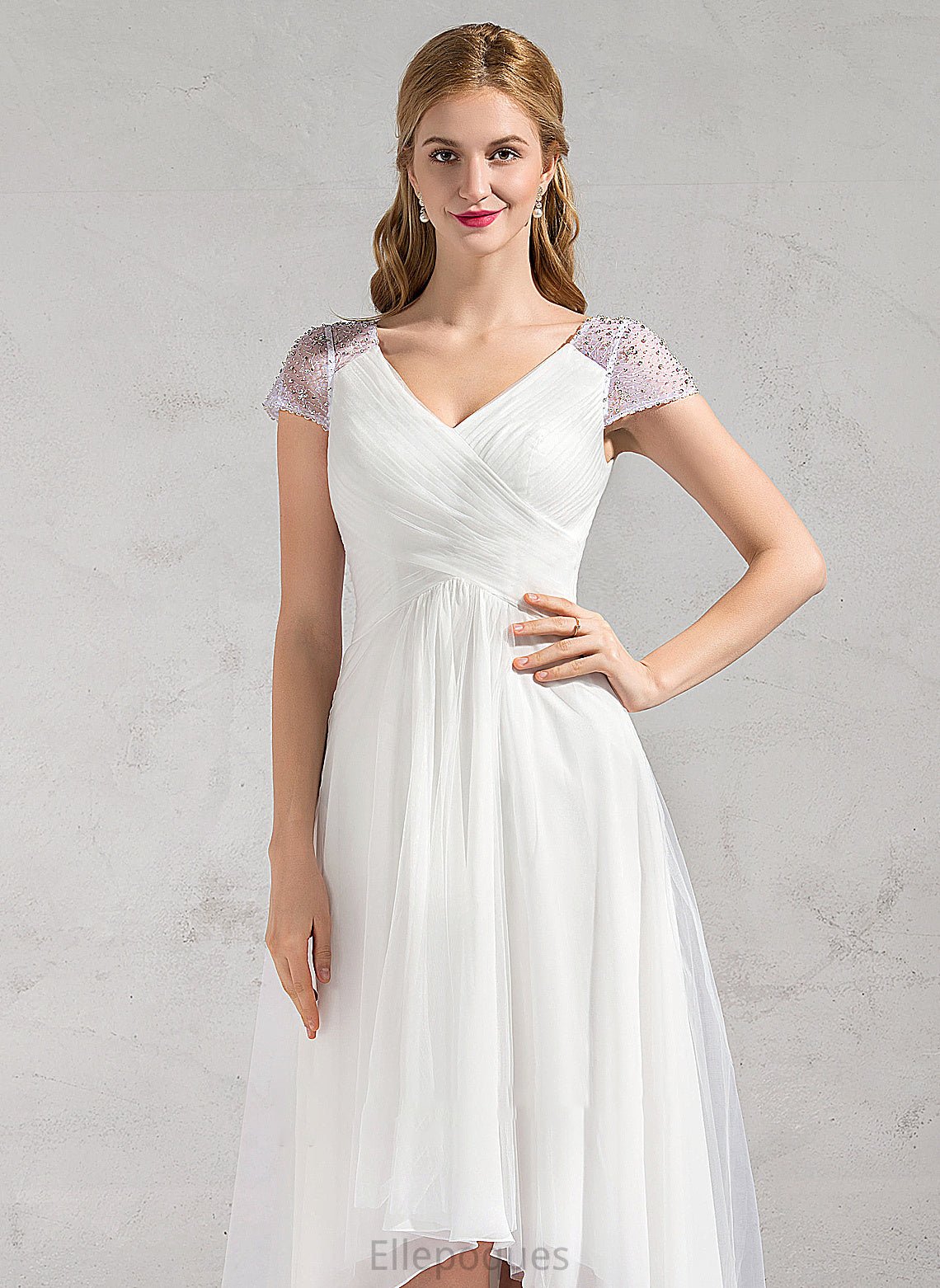 Samara Tulle Dress A-Line Wedding Dresses Ruffle Beading Sequins Wedding With V-neck Asymmetrical