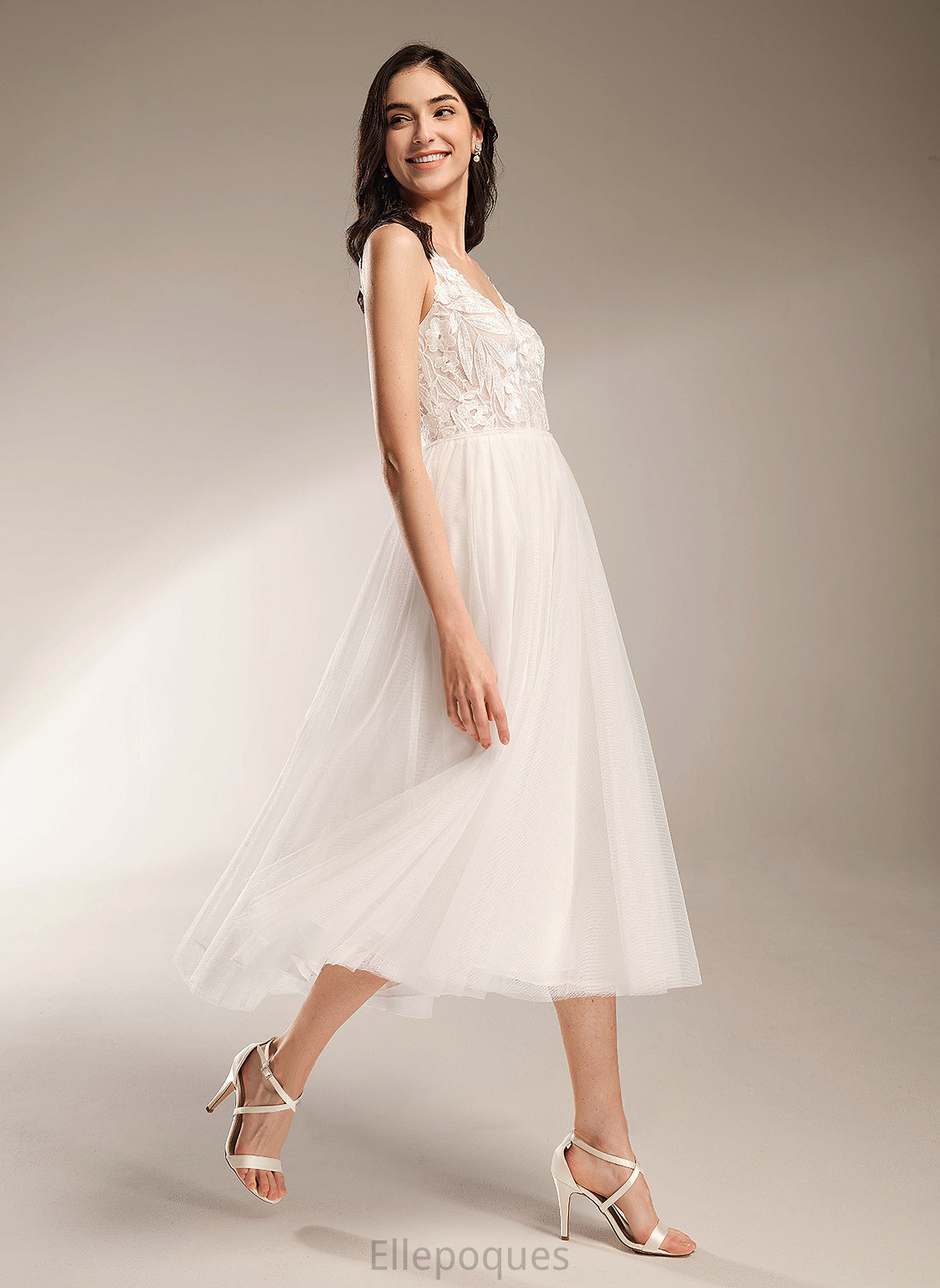 Tea-Length Joslyn Wedding Dress A-Line Wedding Dresses V-neck