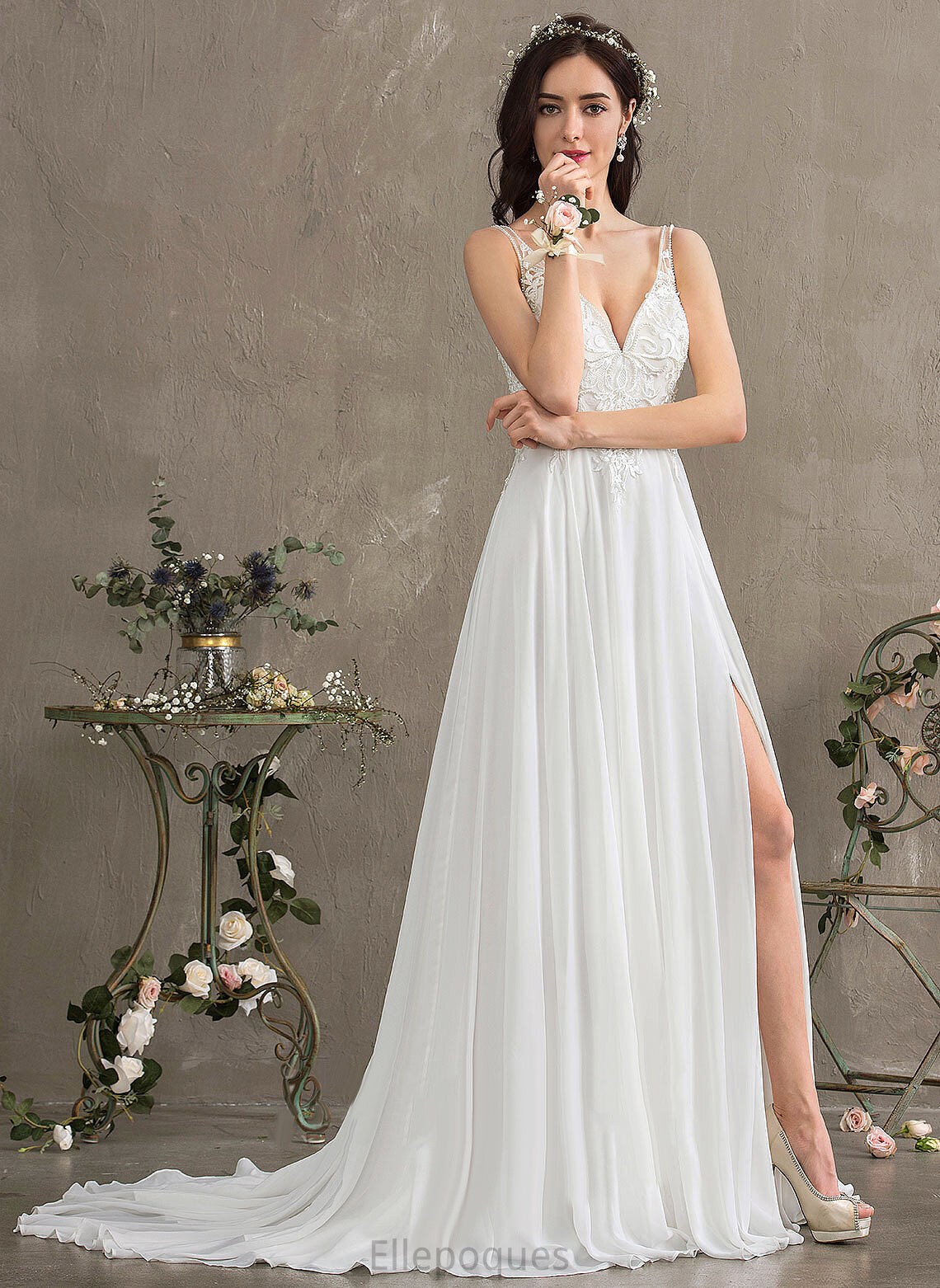 Lace Dress Sofia V-neck Chiffon With Beading Train Sequins A-Line Split Front Sweep Wedding Dresses Wedding