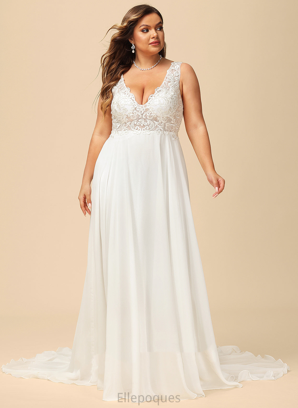 V-neck Chiffon Court Wedding Wedding Dresses A-Line Lace Halle Dress Train