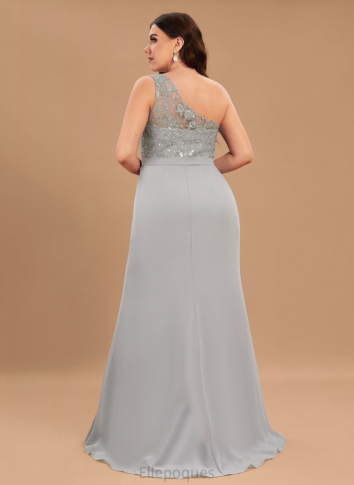 Silhouette One-Shoulder SweepTrain Fabric Neckline Sequins Embellishment Length Trumpet/Mermaid Christina A-Line/Princess Natural Waist Bridesmaid Dresses