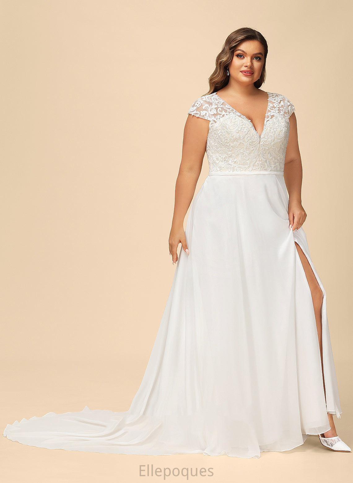 Train Sweep Wedding Chiffon Split With Wedding Dresses Heaven A-Line Front V-neck Dress Lace