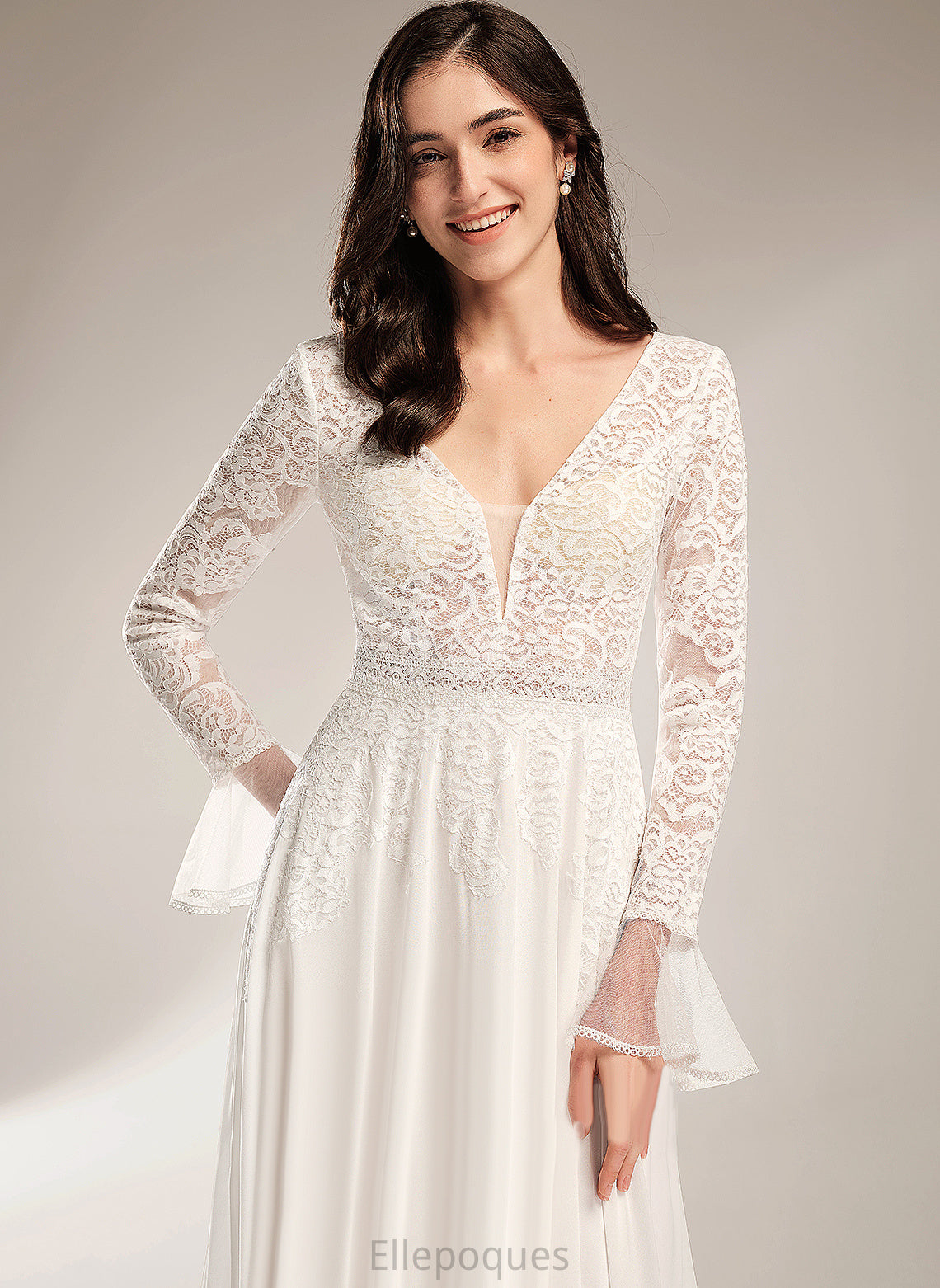 Mattie V-neck Ruffle With Train Dress A-Line Lace Wedding Wedding Dresses Chiffon Court