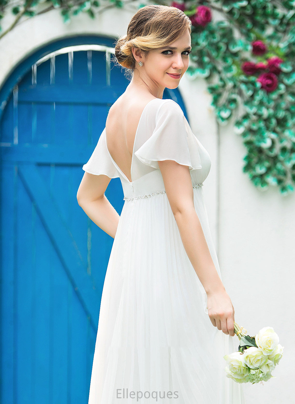 Floor-Length Beading Julissa Wedding With Pleated Wedding Dresses V-neck Chiffon Dress Empire