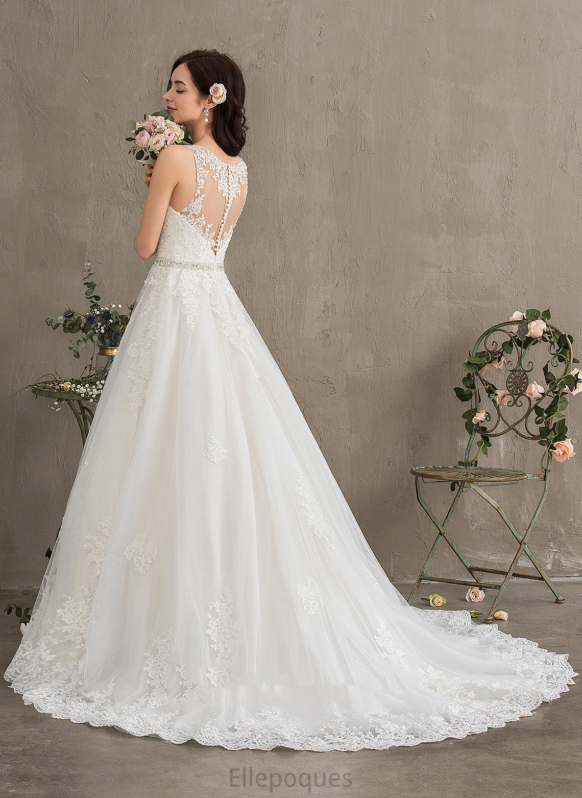 Ball-Gown/Princess Lace Wedding Dresses With Court Wedding Train Beading V-neck Dress Marlene Sequins Tulle