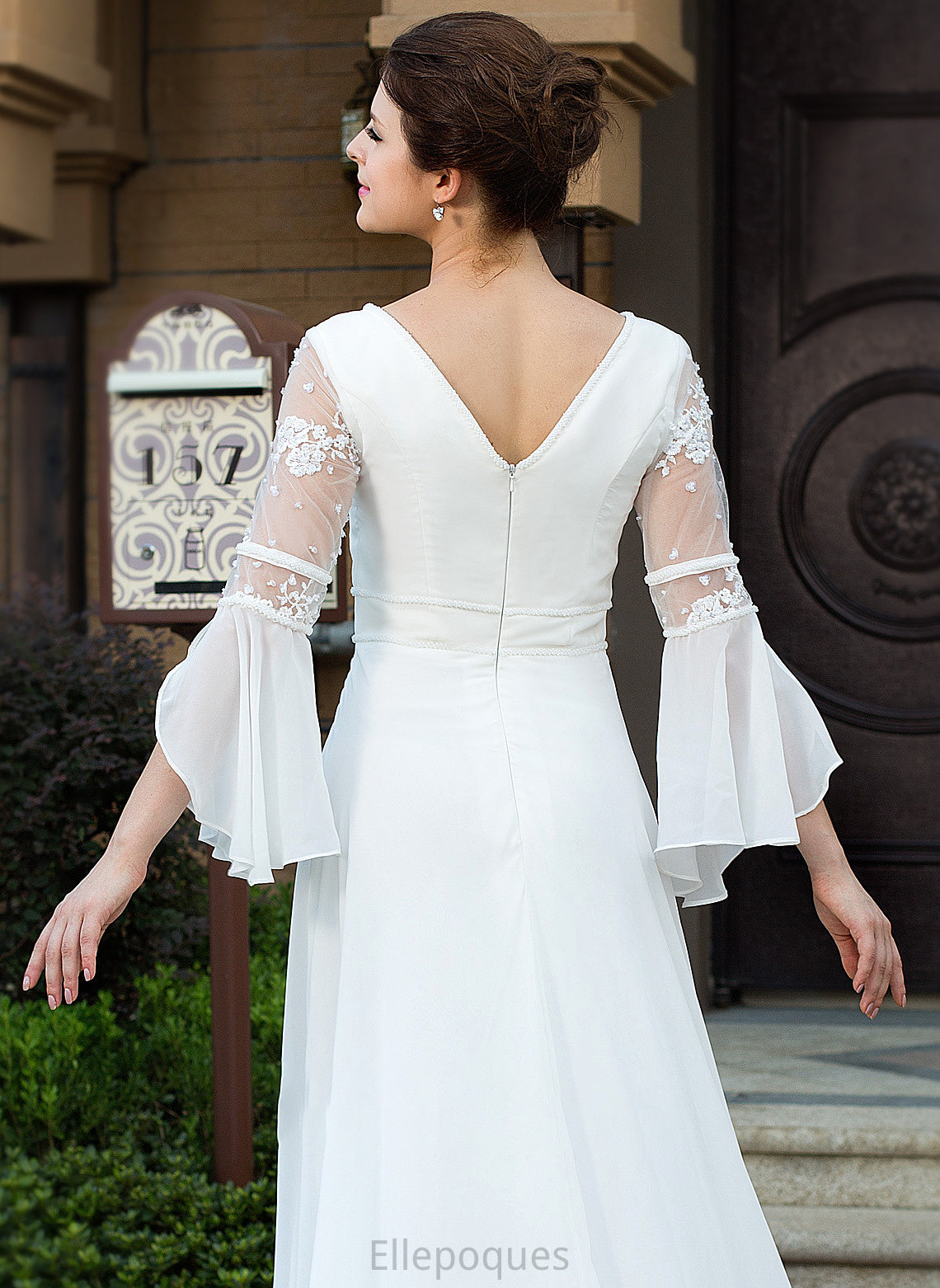 Court Beading Wedding Dresses Chiffon V-neck Train With Hadassah Lace Wedding A-Line Dress