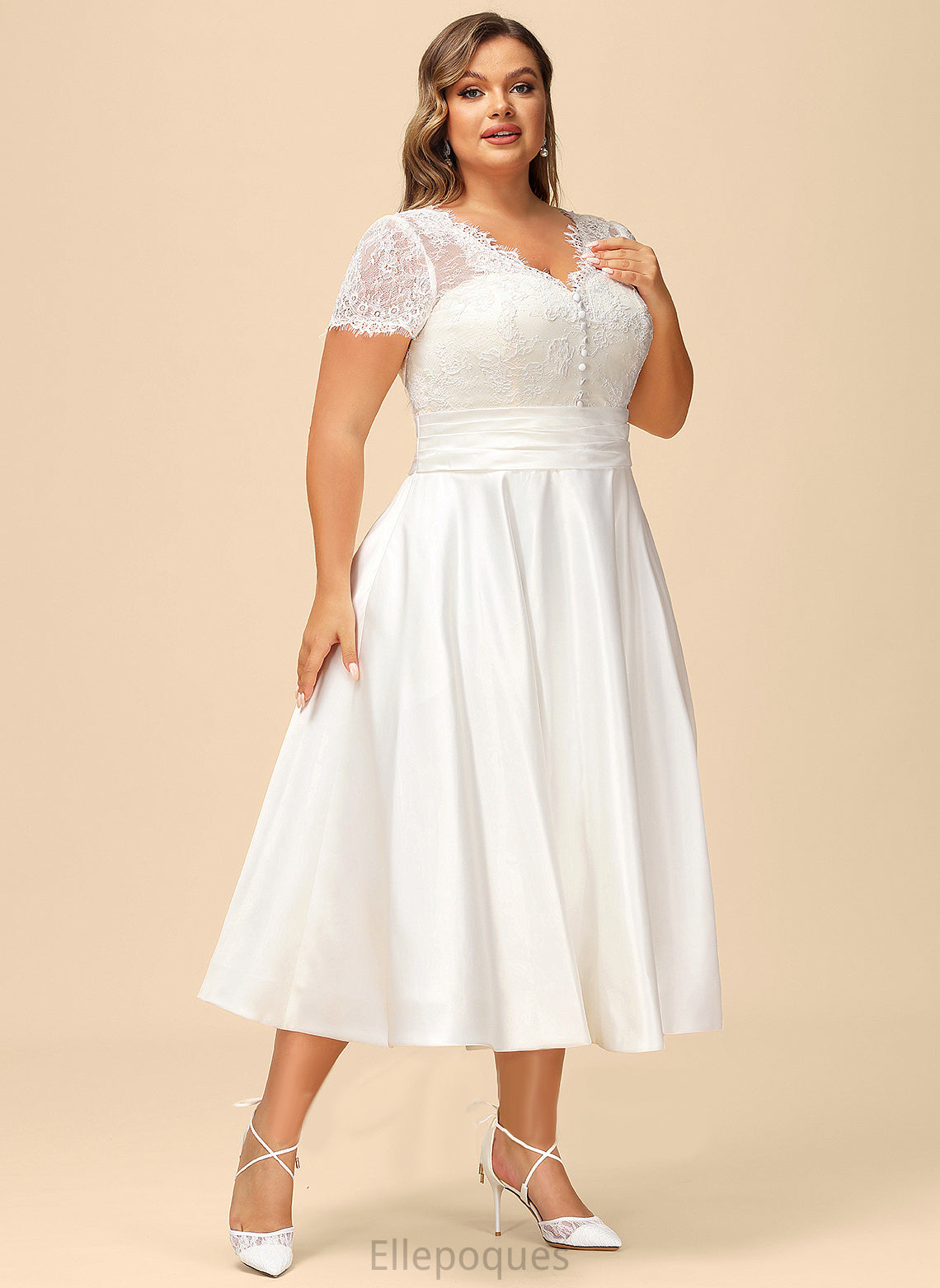 Satin Pockets A-Line Ruffle With Jada Dress Wedding Dresses Lace Tea-Length Wedding V-neck