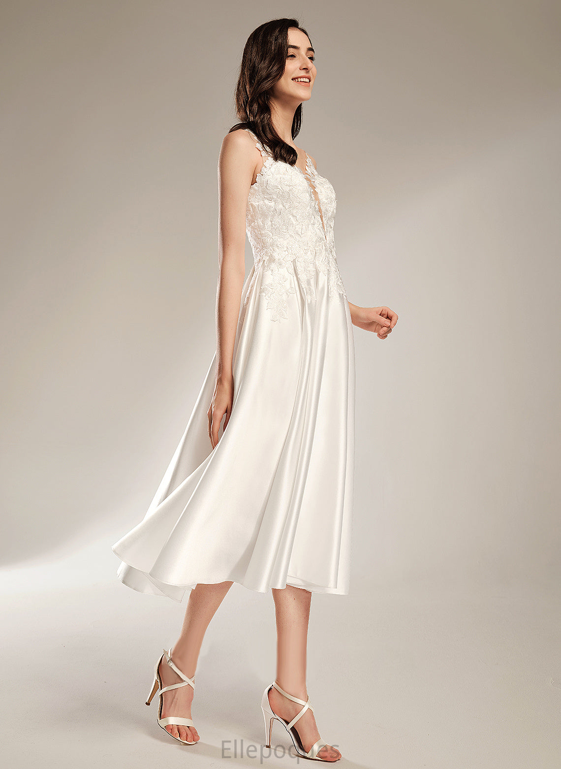 Tea-Length Dress Wedding Wedding Dresses V-neck Satin A-Line Alayna Lace