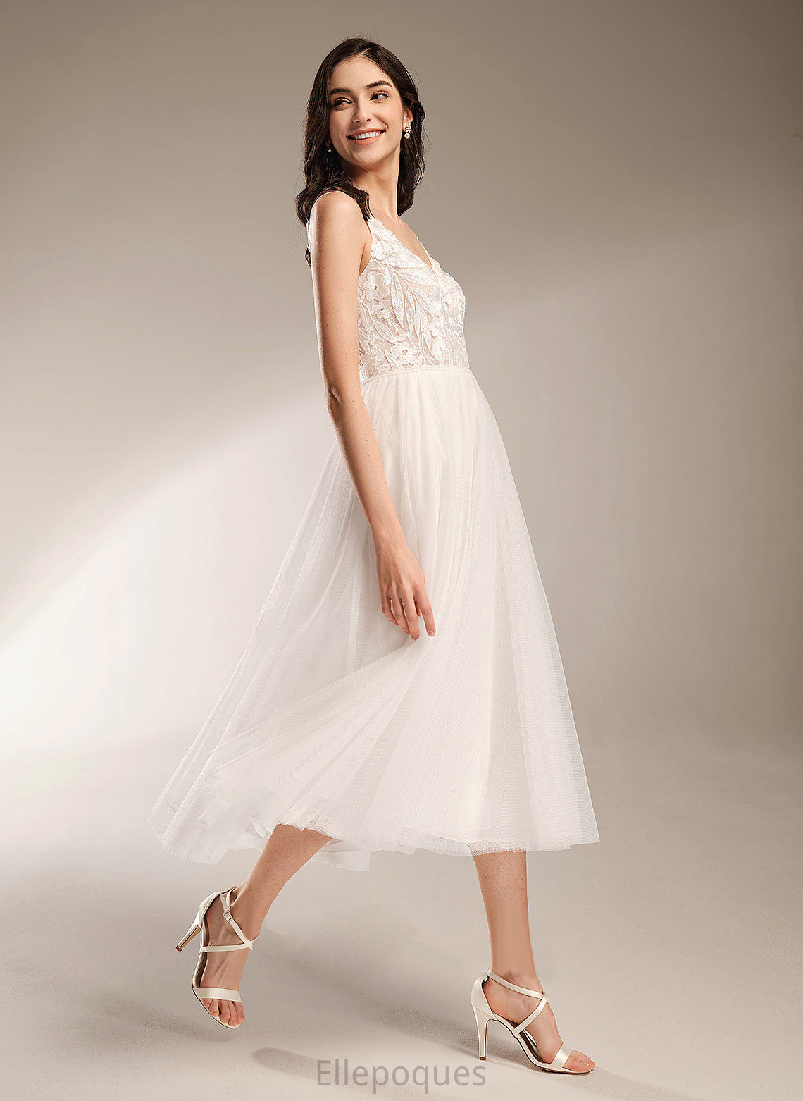 Tea-Length Dress Amaya A-Line Lace V-neck Wedding Wedding Dresses Tulle