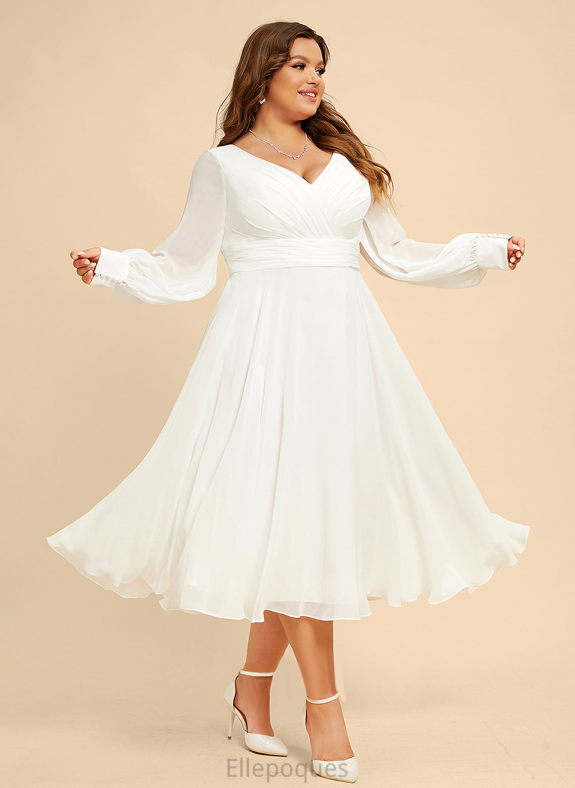 Tea-Length Wedding Dresses V-neck Dayami A-Line Chiffon Wedding Dress