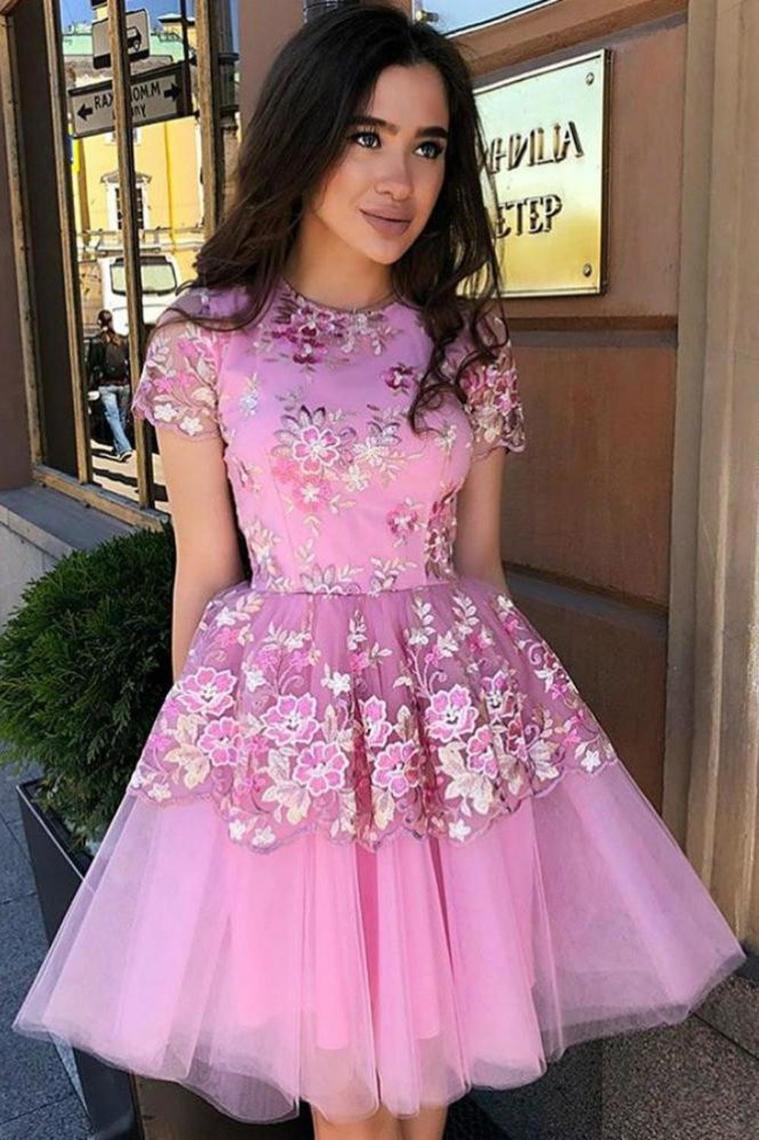 Homecoming Dresses Tulle Short Sleeves A Line Charming Scoop Apliques