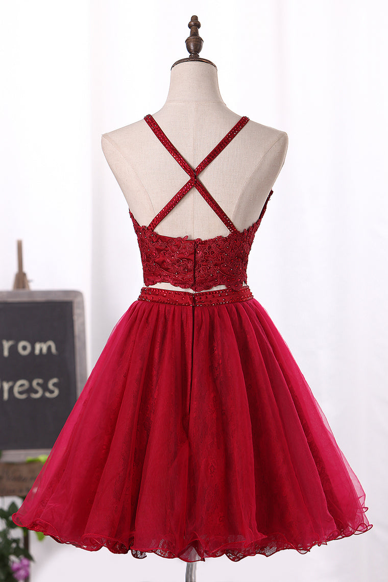 2024 Two-Piece Spaghetti Straps Homecoming Dresses A Line Tulle With Applique