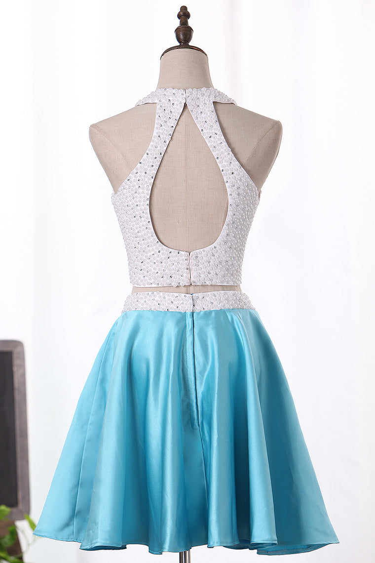 2024 Two-Piece Homecoming Dresses Halter A Line Short/Mini Satin With Beads