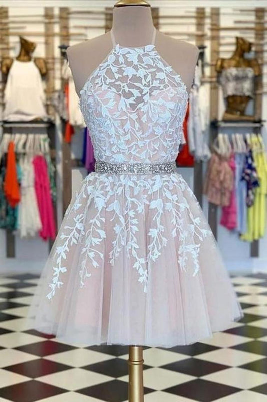 Short Halter Beaded Tulle Homecoming Dresses Appliques