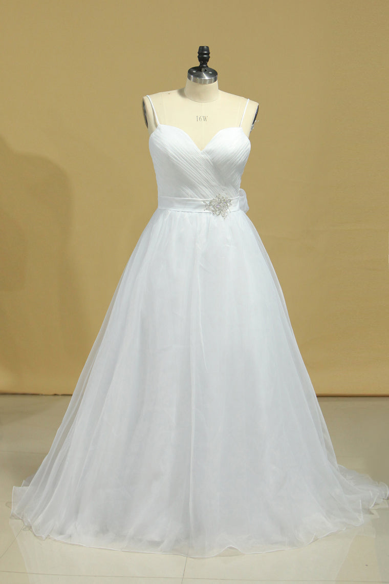 2024 Wedding Dresses A-Line Spaghetti Straps Court Train Organza With Removable Sash Zipper Back Plus Size