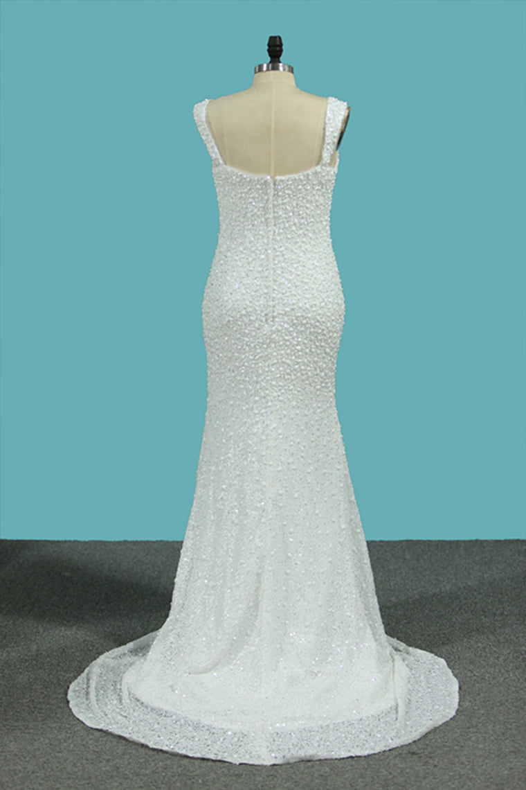 2024 New Arrival Mermaid Straps Wedding Dresses Lace & Chiffon With Beads Court Train