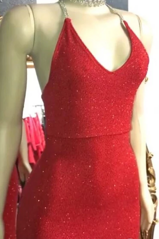 Sexy V Neck Red Glitter Sequins Prom Dresses Mermaid Halter Backless Evening Gowns