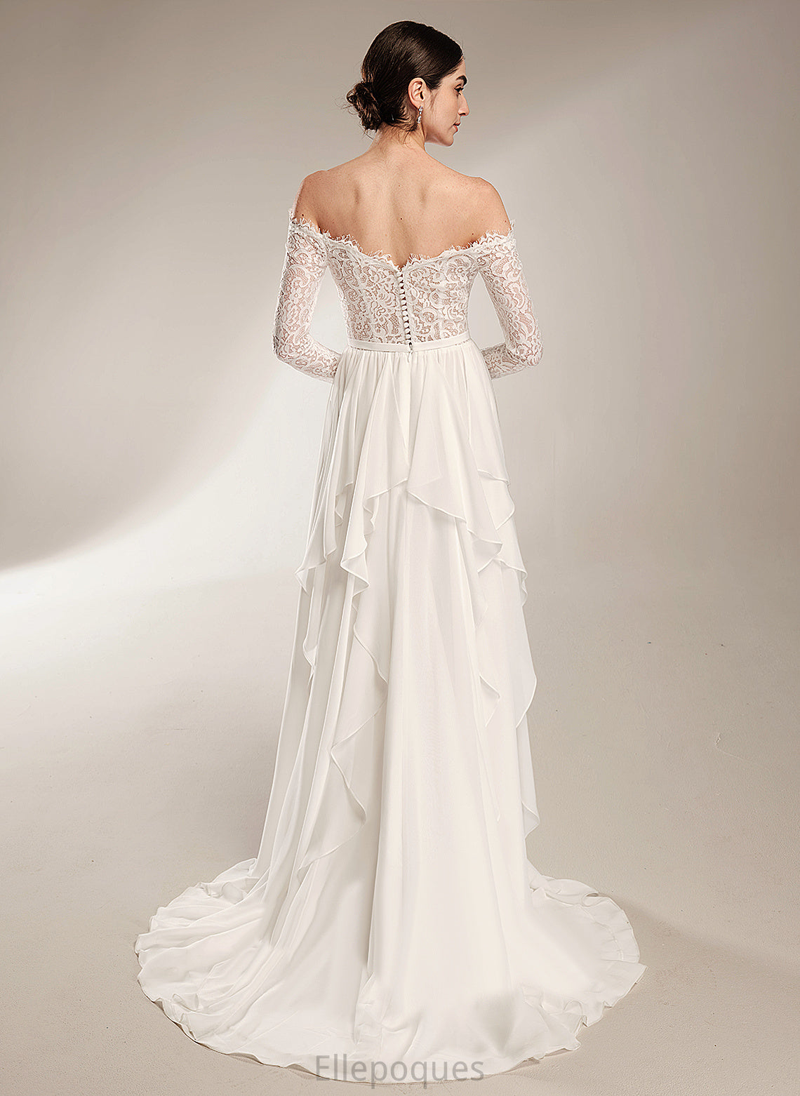 Ruffle Court Dress A-Line Chiffon Off-the-Shoulder Wedding Dresses Wedding Lace With Alissa Train