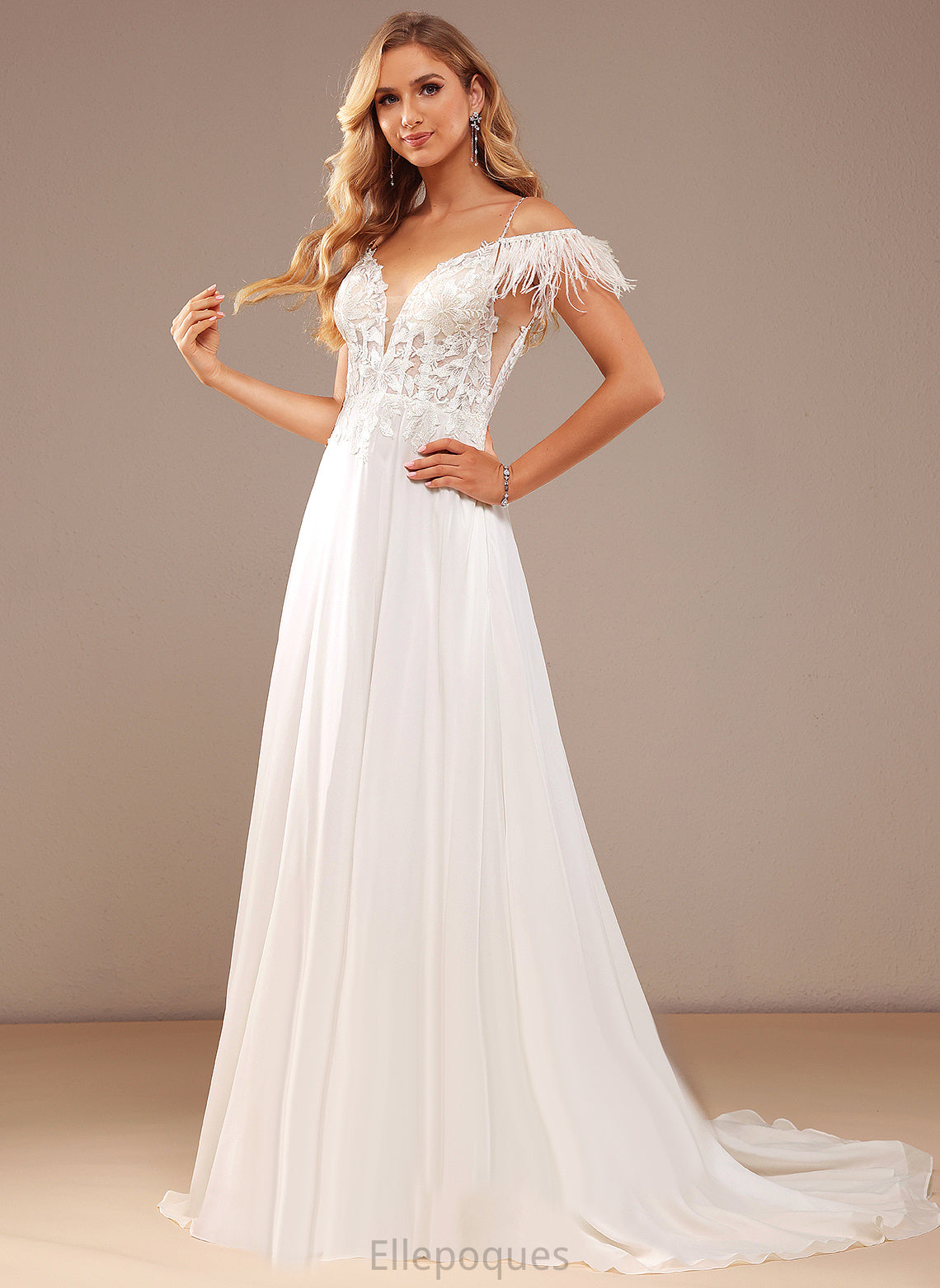 Lace Sequins Train Wedding Chiffon Pockets Lace Feather Wedding Dresses V-neck A-Line Court Margaret With Dress Beading