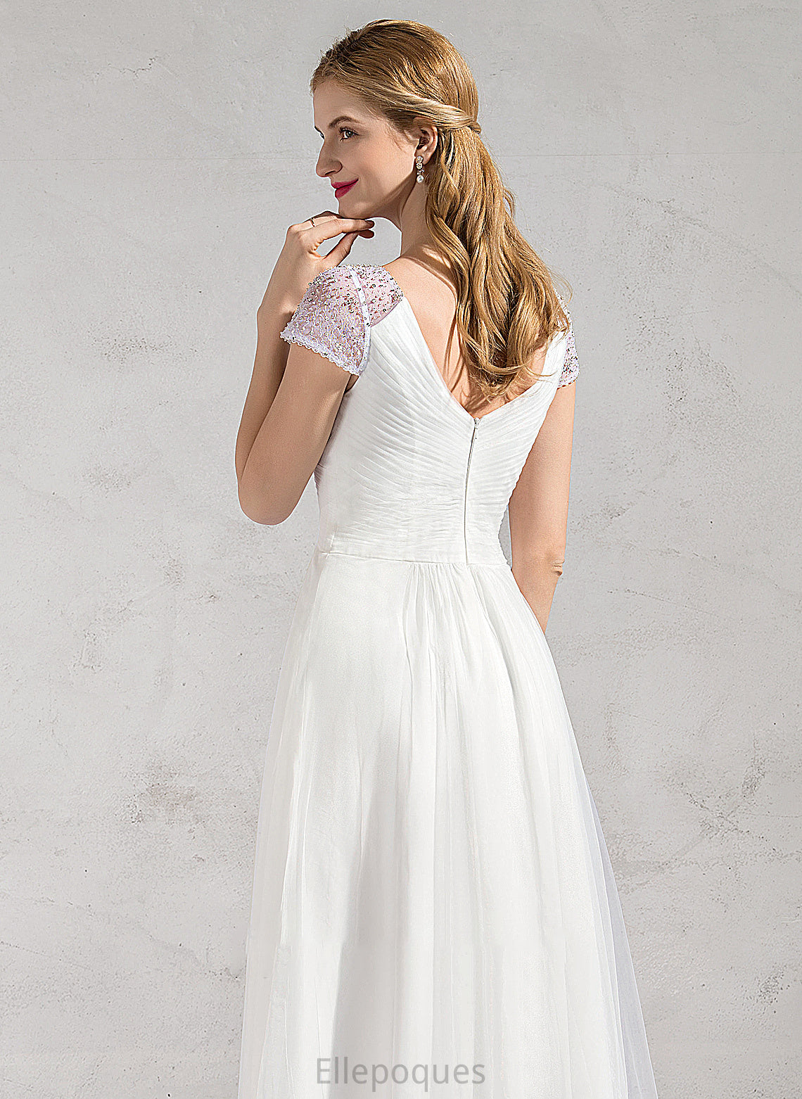 Samara Tulle Dress A-Line Wedding Dresses Ruffle Beading Sequins Wedding With V-neck Asymmetrical