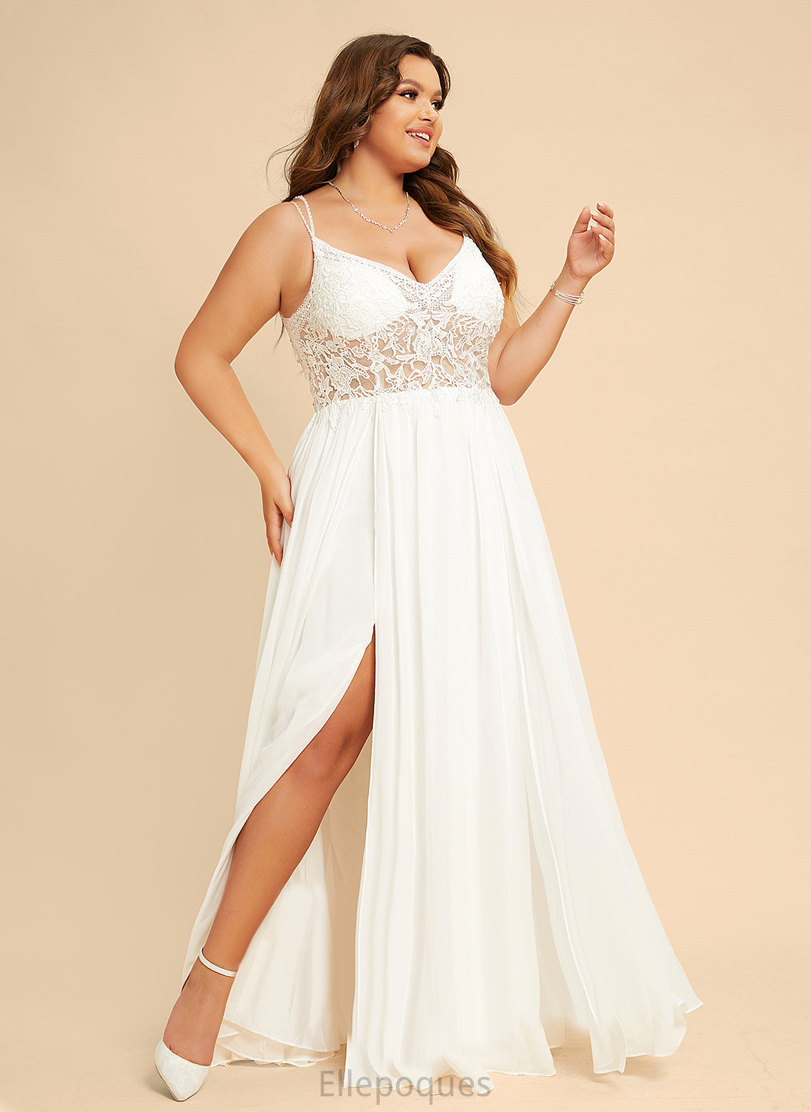 Dress Chiffon Wedding Dresses Beading Lace V-neck Roselyn A-Line Wedding Floor-Length With