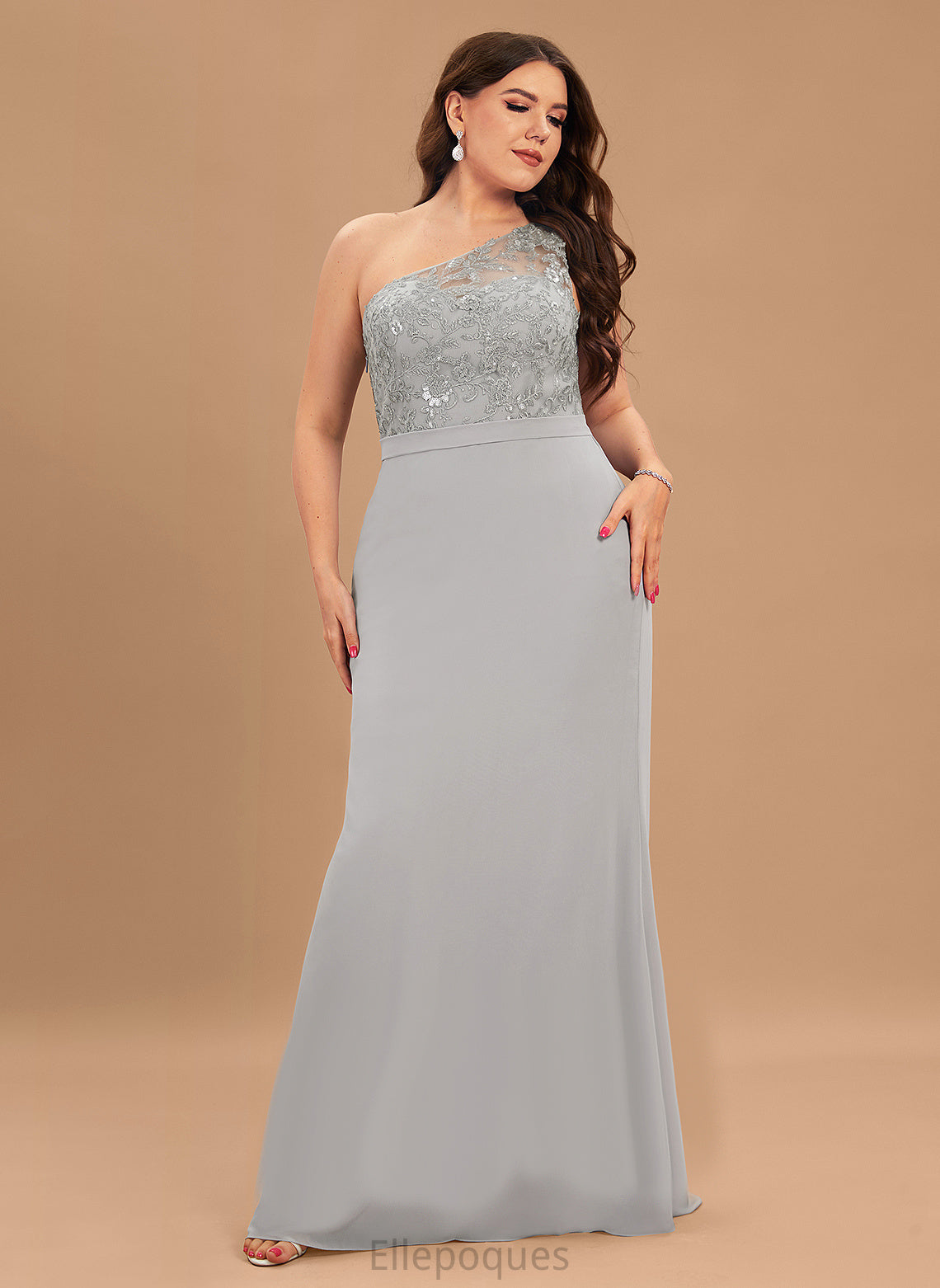 Silhouette One-Shoulder SweepTrain Fabric Neckline Sequins Embellishment Length Trumpet/Mermaid Christina A-Line/Princess Natural Waist Bridesmaid Dresses