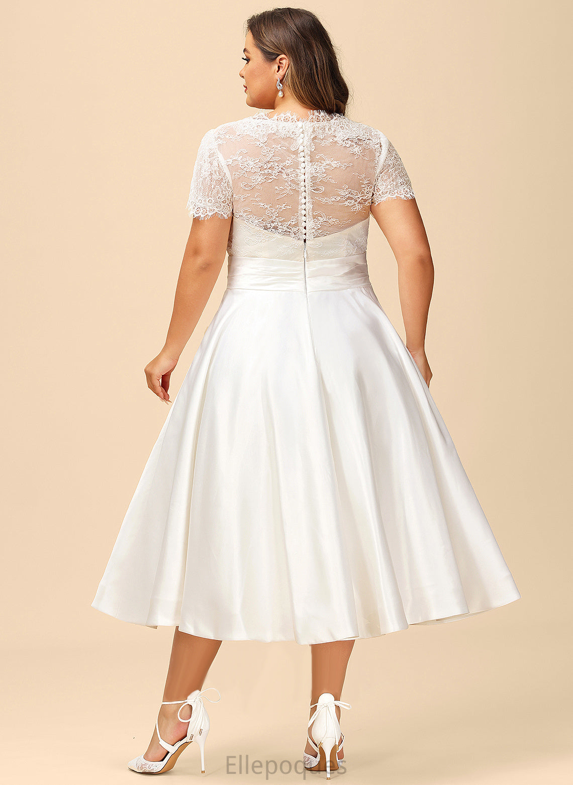 Satin Pockets A-Line Ruffle With Jada Dress Wedding Dresses Lace Tea-Length Wedding V-neck