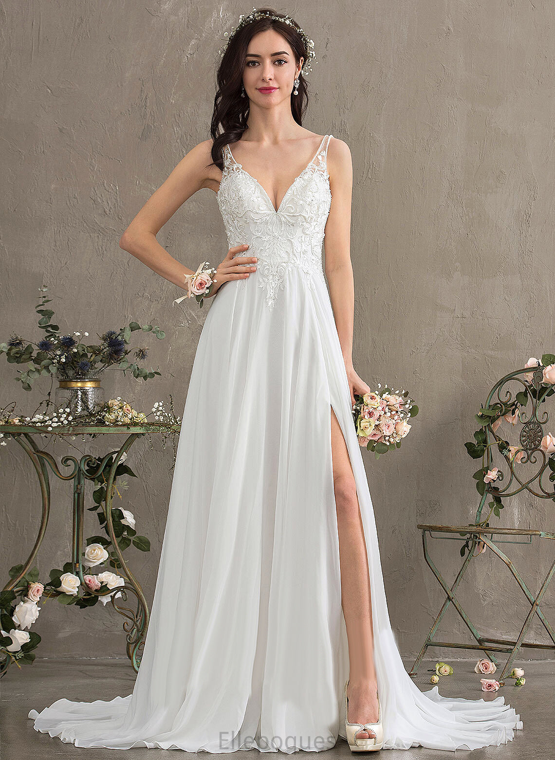 Lace Dress Sofia V-neck Chiffon With Beading Train Sequins A-Line Split Front Sweep Wedding Dresses Wedding