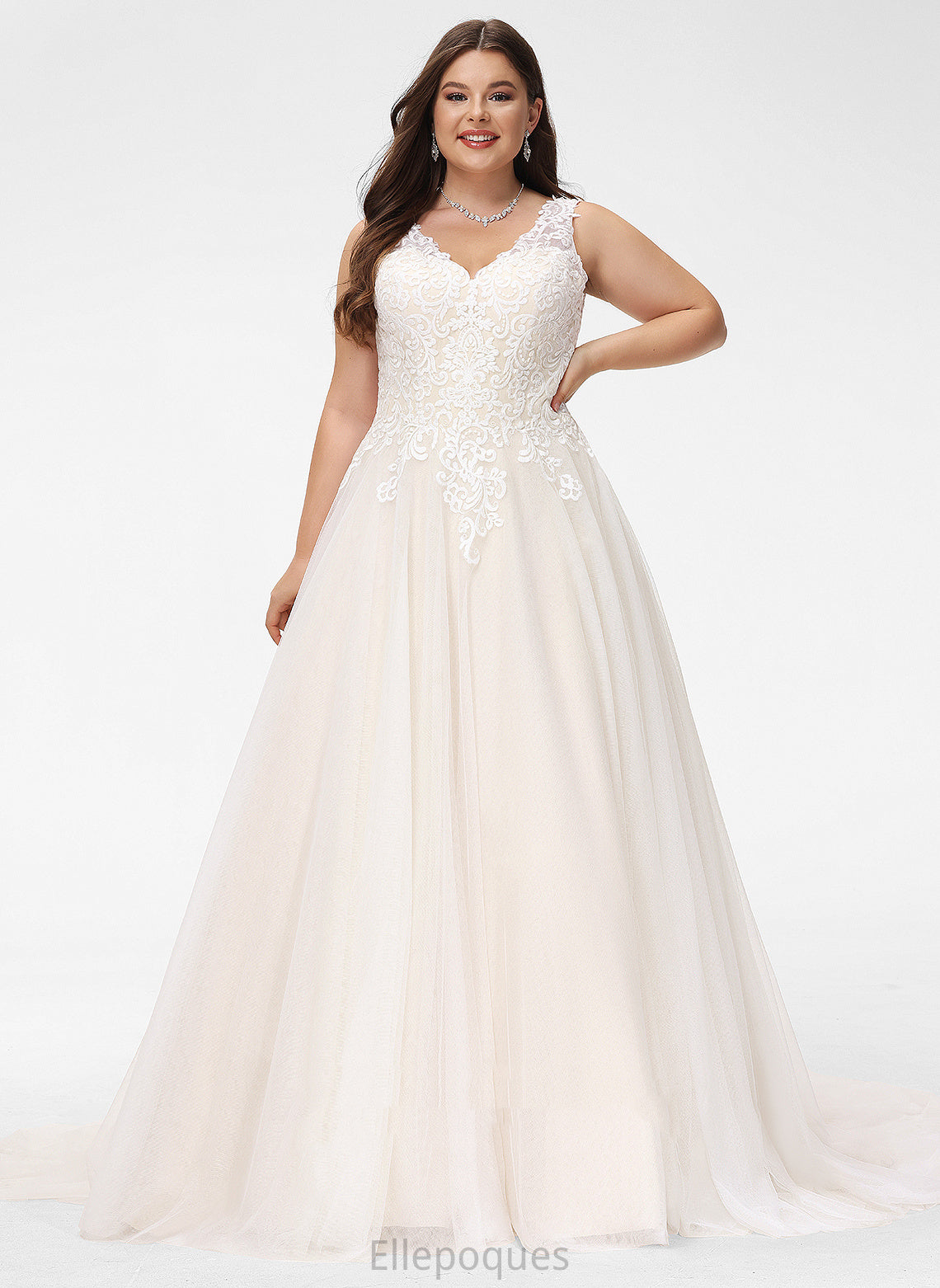 Ball-Gown/Princess Delilah Lace V-neck Wedding Dresses Wedding Train Dress Tulle Court