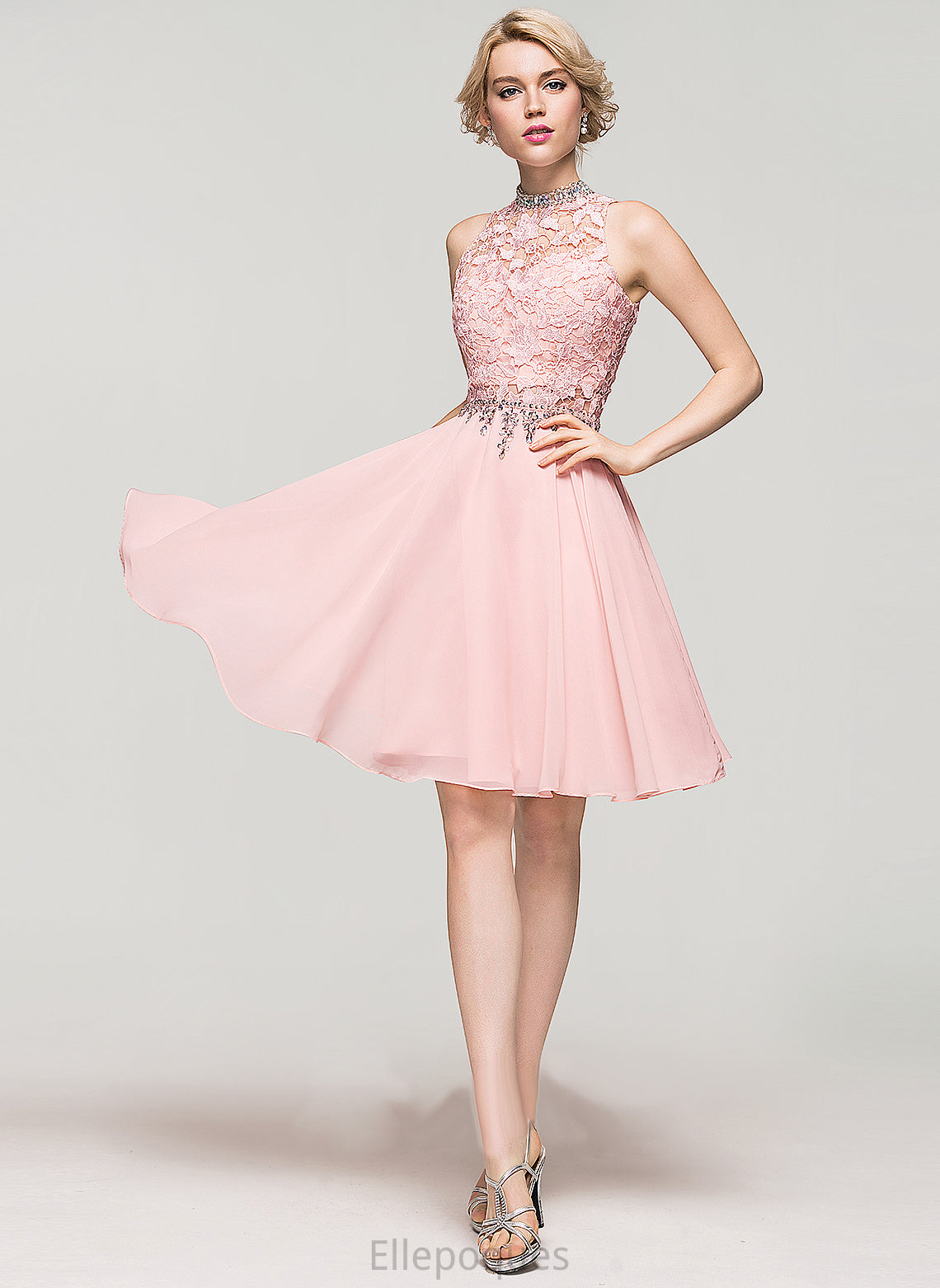 High Homecoming Dresses Chiffon With Knee-Length Beading Neck Vivian Homecoming Dress Sequins Lace A-Line